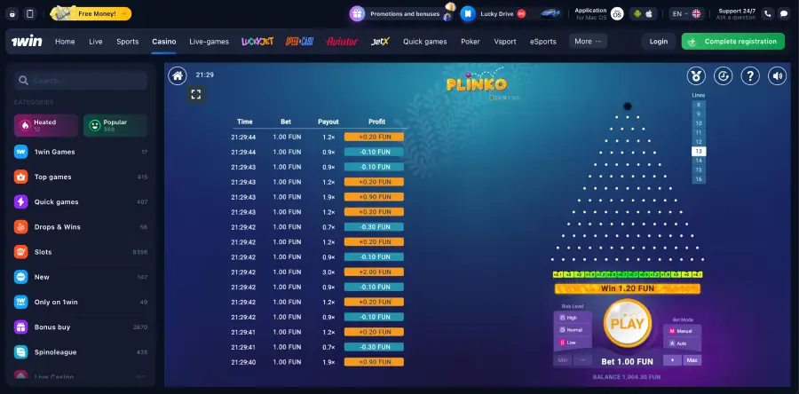Zarejestruj się, użyj plinkodep i przetestuj 1Win Plinko w wersji demo z szybkimi wypłatami.