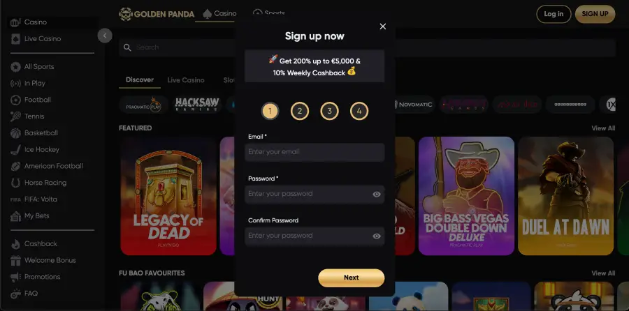 Registration form at GoldenPanda with welcome bonus details