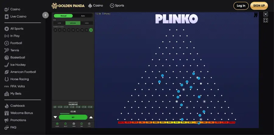 GoldenPanda Plinko game board with multiplier slots and bouncing balls
