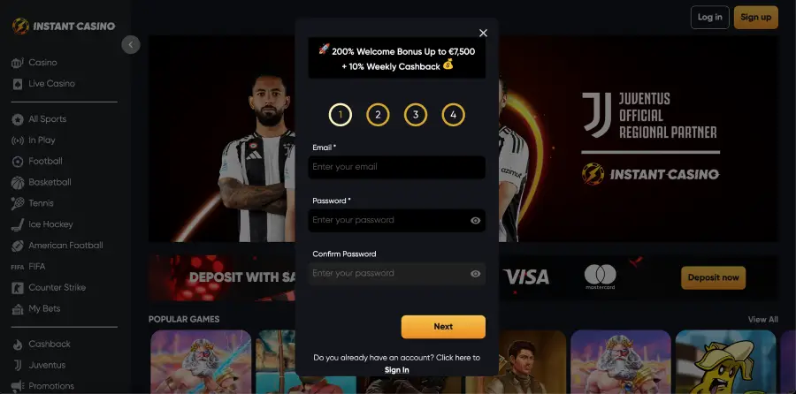Ekran rejestracji w Instant Casino dla nowych graczy Plinko