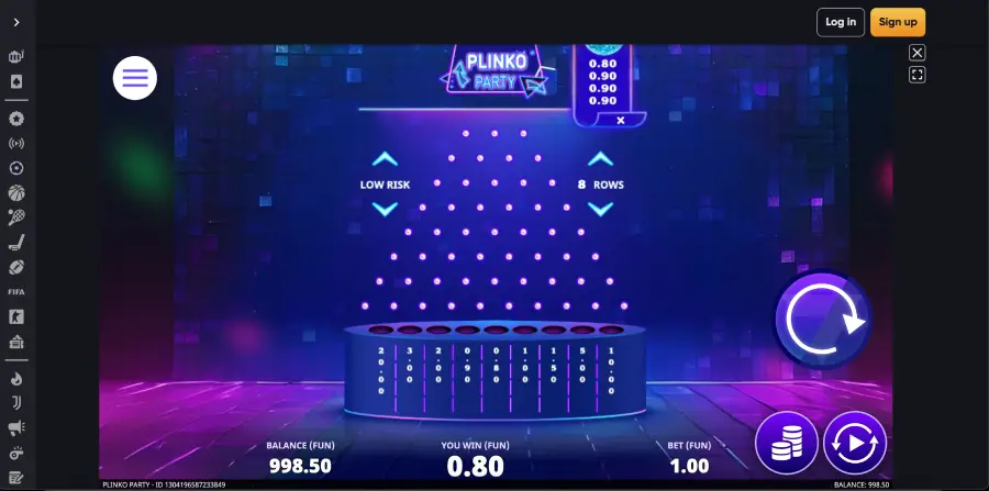 Interfejs gry Plinko Party w Instant Casino z zakładem i wygraną
