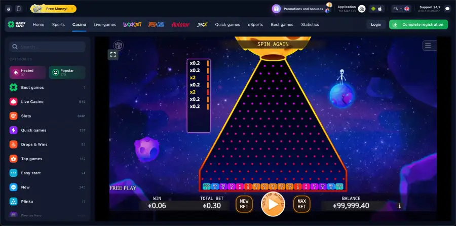 Mobile version of Lucky Star Plinko with crypto balance display