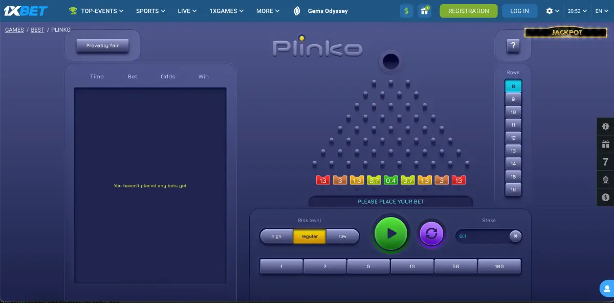 Player selecting drop point for Plinko ball in a casino interface